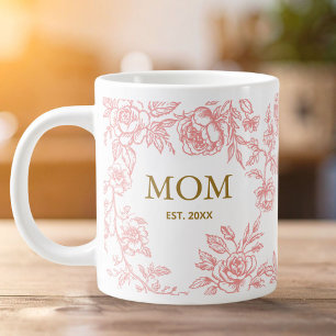 Vintage Flowers Toile De Jouy Pink Mothers Day  Large Coffee Mug