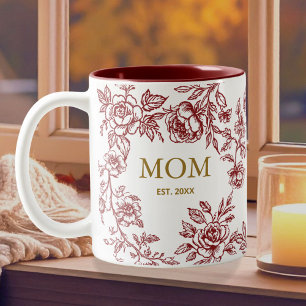 Vintage Flowers Toile De Jouy Red Mothers Day Two-Tone Coffee Mug