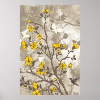 Vintage flowers yellow, taupe floral grunge custom poster