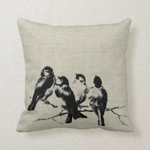 Vintage Fluffy Birds on Branches Cushion
