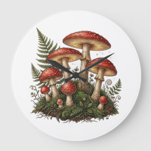 Vintage Fly Agaric Mushroom Illustration Large Clock