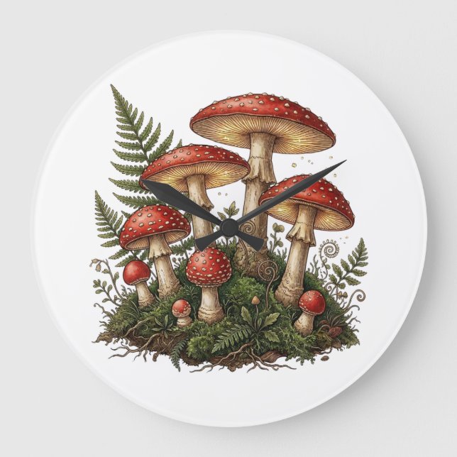 Vintage Fly Agaric Mushroom Illustration Large Clock (Front)