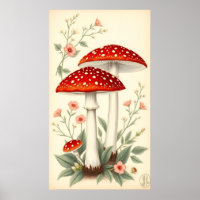 Vintage Fly Agaric Red And White Mushrooms Floral