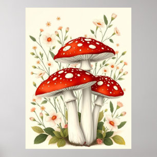 Vintage Fly Agaric Red And White Mushrooms Floral Poster