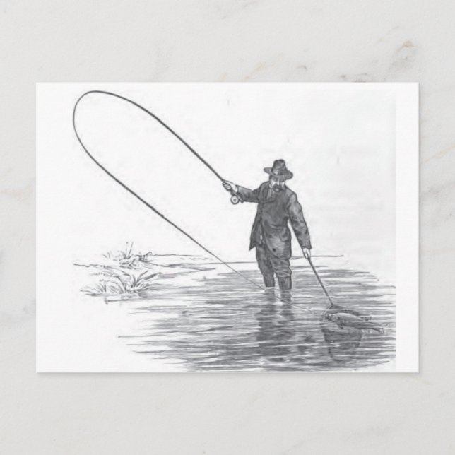 Vintage Fly Fishing Art Postcard (Front)