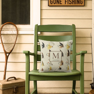 Vintage  Fly Fishing Flies Watercolor Nautical Thr Cushion