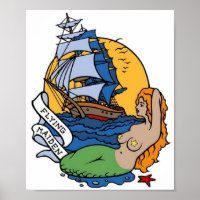 Vintage Flying Maiden Mermaid, Ship Tattoo Art