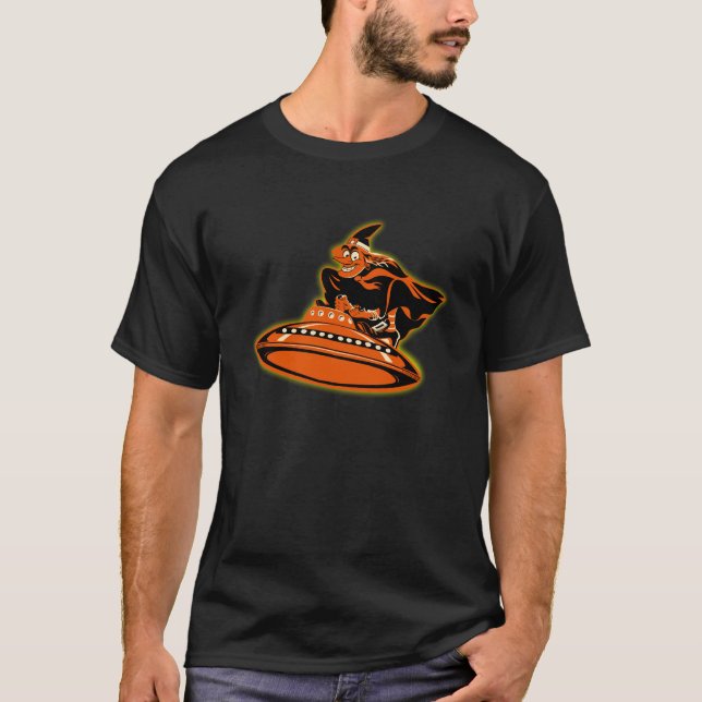 Vintage Flying Saucer Halloween Witch T-Shirt (Front)