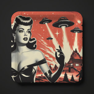 Vintage Flying Saucers Pin-up Paper Plate