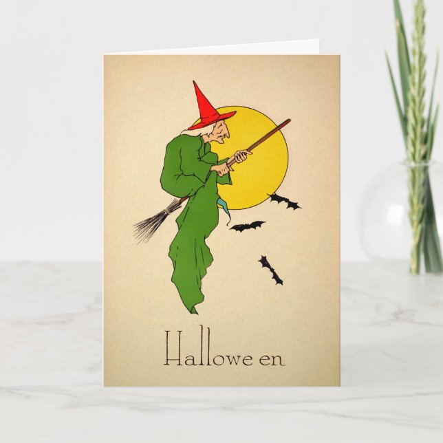 Vintage Flying Witch Halloween Card (Front)
