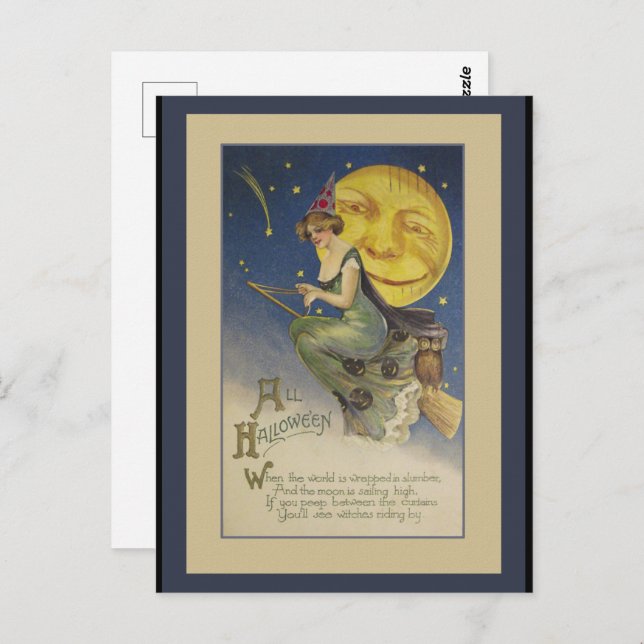 Vintage Flying Witch Halloween Postcard (Front/Back)