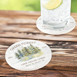 Vintage Foggy Green Forest Watercolor Cabin Lodge Coaster
