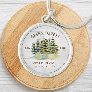 Vintage Foggy Green Forest Watercolor Cabin Lodge Key Ring