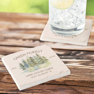 Vintage Foggy Green Forest Watercolor Cabin Lodge Stone Coaster