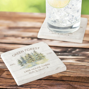 Vintage Foggy Green Forest Watercolor Cabin Lodge Stone Coaster