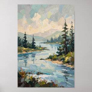 Vintage Foggy Riverbank Landscape Art Poster