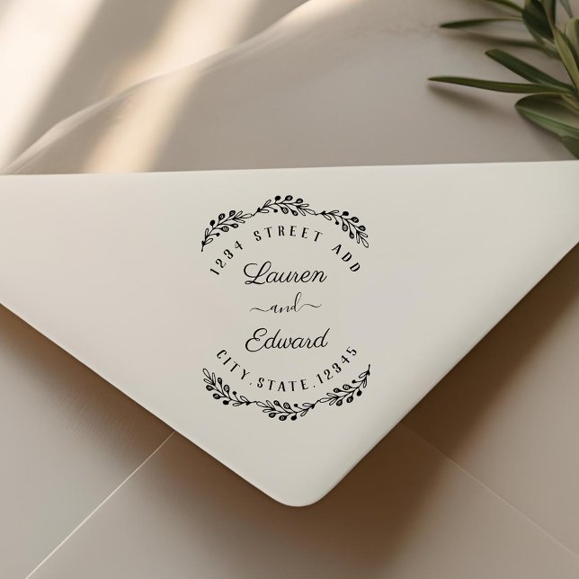 Vintage Foliage Couple Names Wedding Address Rubber Stamp (Creator Uploaded)