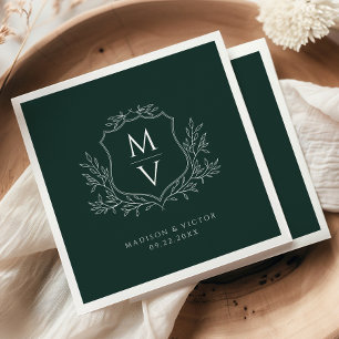 Vintage Foliage Crest Monogram Dark Green Wedding Napkin