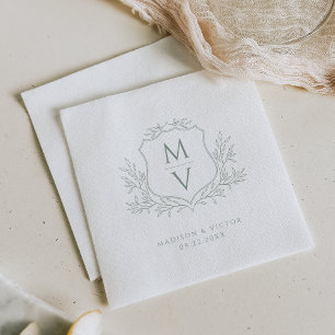 Vintage Foliage Crest Monogram Sage Green Wedding Napkin