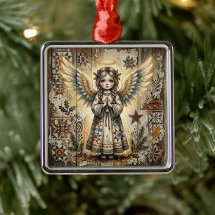 Vintage Folk Art Angel Christmas Wrapping Metal Tree Decoration