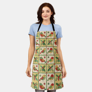 Vintage Folk Art Christmas Bird Holly Pattern Apron