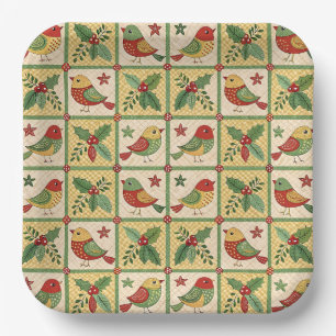 Vintage Folk Art Christmas Bird Holly Pattern Paper Plate