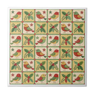 Vintage Folk Art Christmas Bird Holly Pattern  Tile