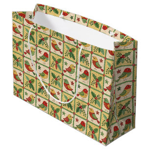 Vintage Folk Art Christmas Birds & Holly Berry Large Gift Bag