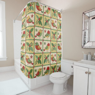 Vintage Folk Art Christmas Birds & Holly Berry Shower Curtain