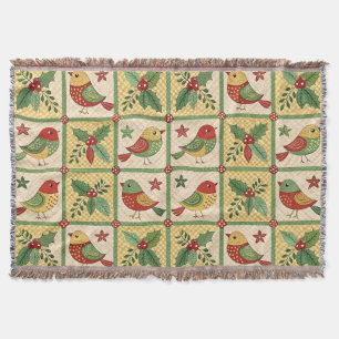 Vintage Folk Art Christmas Birds & Holly Berry Throw Blanket