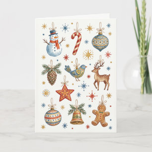 Vintage Folk Art Christmas Ornaments Holiday Card