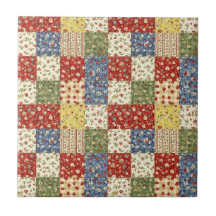Vintage Folk Art Crimson Navy Patchwork Quilt Tile