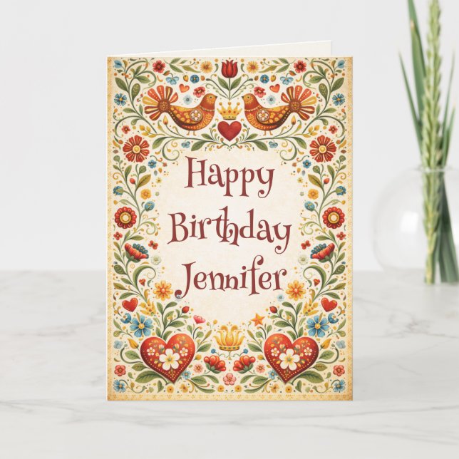 Vintage Folk Art Custom Birthday Card (Front)