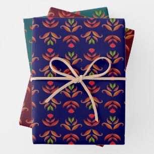 Vintage Folk Art Flowers Cosy and Rustic Cute Fall Wrapping Paper Sheet