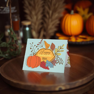 Vintage Folk Art Pumpkin and Berries Thanksgiving Card
