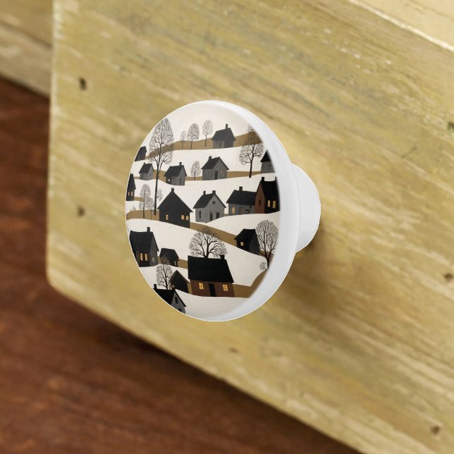 Vintage Folk Art Rustic Winter Scene Ceramic Knob (Creator Uploaded)