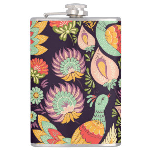 Vintage Folk Floral Birds Ornament Hip Flask