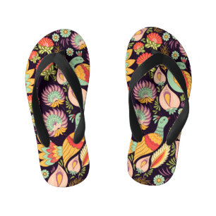 Vintage Folk Floral Birds Ornament Kid's Jandals
