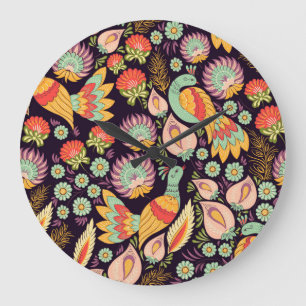 Vintage Folk Floral Birds Ornament Large Clock