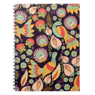 Vintage Folk Floral Birds Ornament Notebook