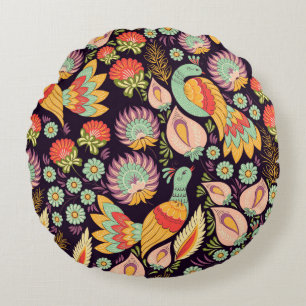 Vintage Folk Floral Birds Ornament Round Cushion