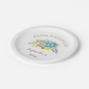 Vintage folklore blue flowers modern wedding paper plate