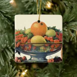 Vintage Food, Assorted Fruit in a Bowl Ceramic Ornament