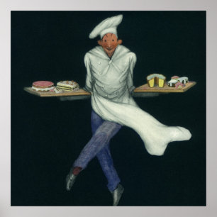 Vintage Food Business, Baker with Pastry Desserts Poster