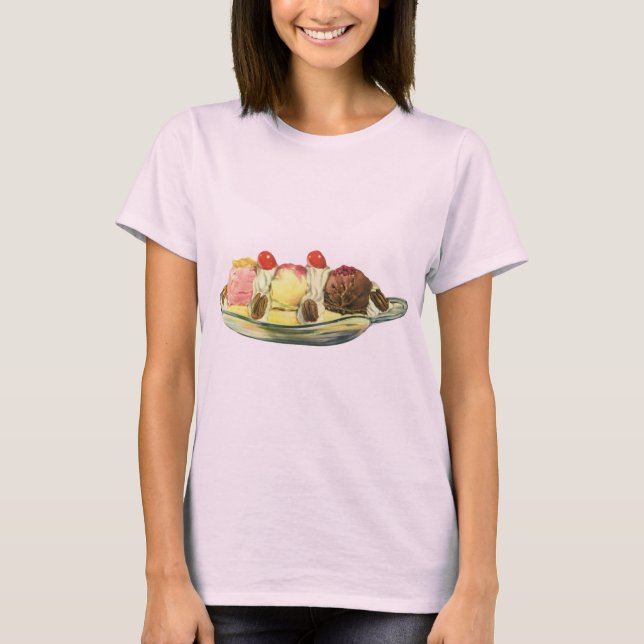 Vintage Food Desserts, Banana Split Cherries T-Shirt (Front)