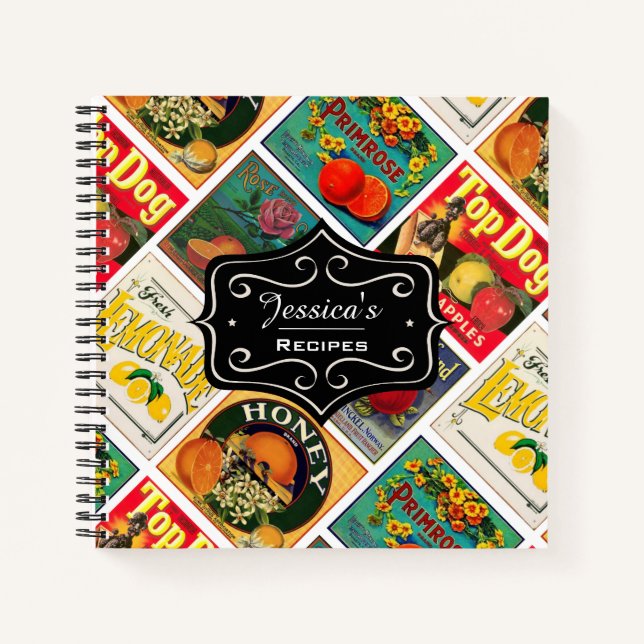 Vintage Food Labels Pattern Personalised Recipe Notebook (Front)