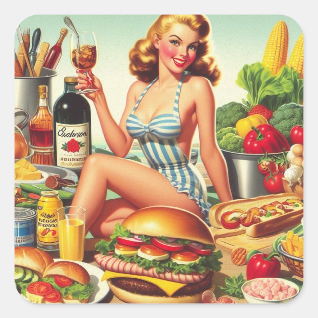 Vintage Food Pin-up Illustration Square Sticker (Front)