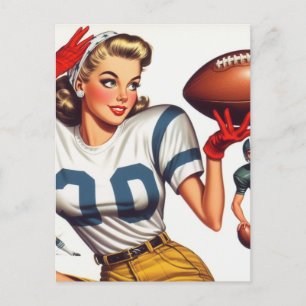 Vintage Football Girl Illustration Postcard