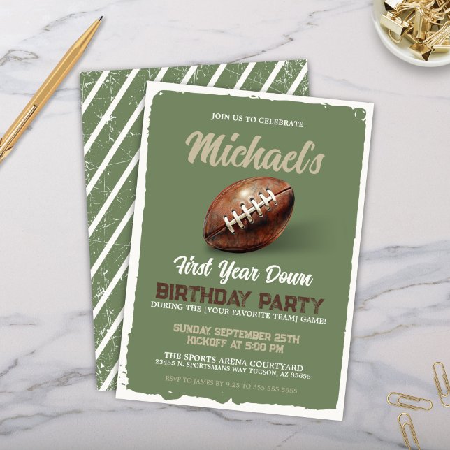 Vintage Football Theme First 1st Birthday Party Invitation (Vintage green boys football theme first birthday party invitation for first year down party invites)