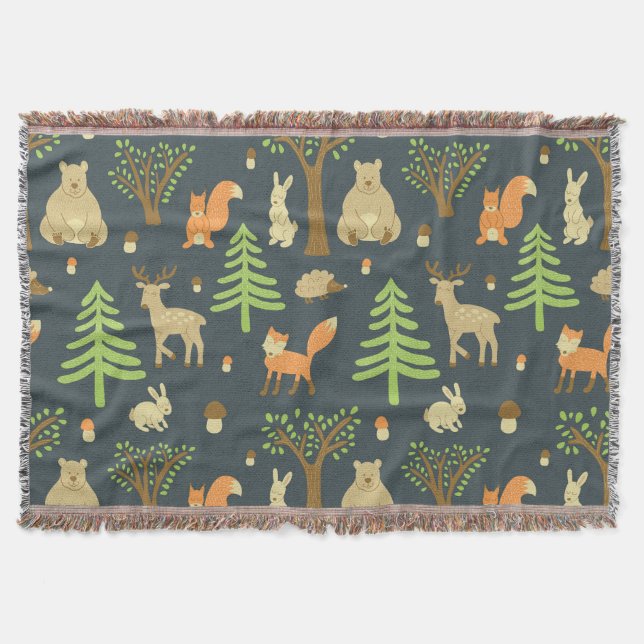Vintage Forest Animals, Children's Pattern. Throw Blanket (Front)